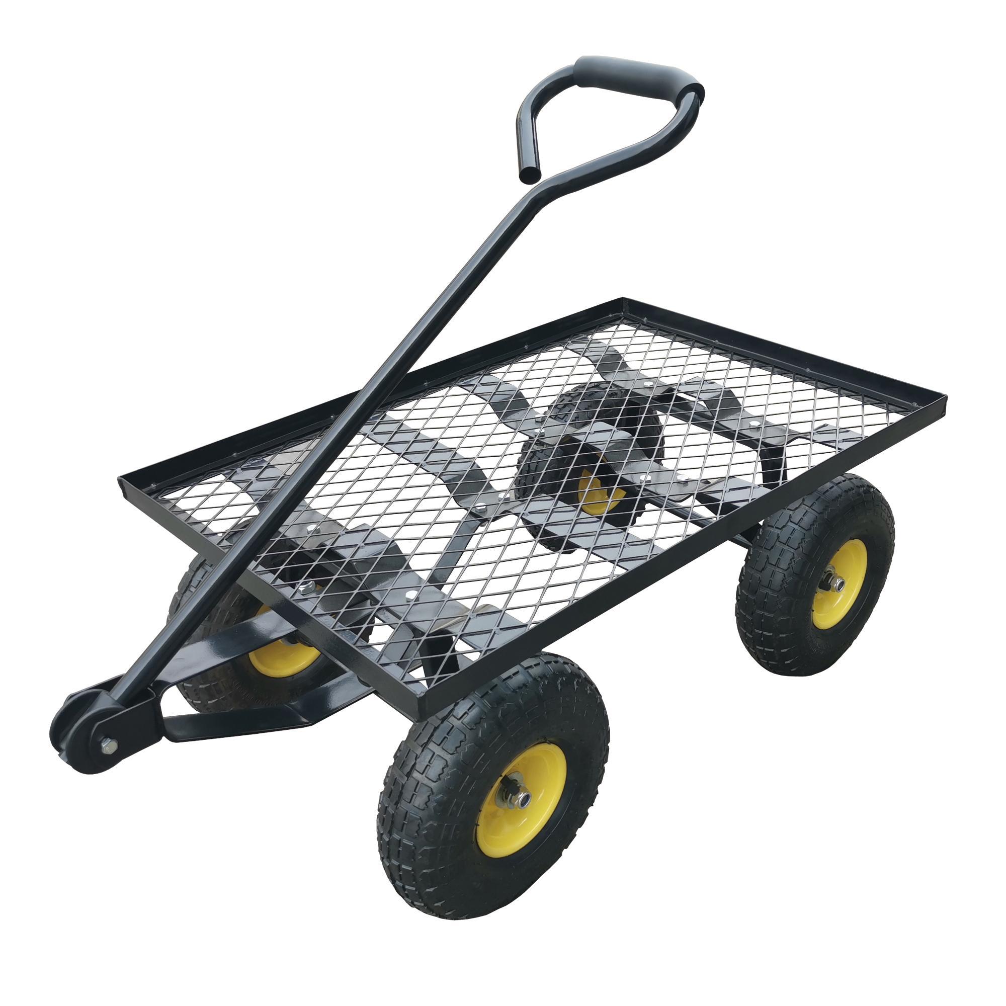 Four wheeled mesh cart with a long handle, suitable for outdoor use (2.50-4 Pneumatic wheels)