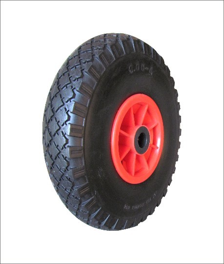 (10ʺ×3.00-4)Black and red color matched PU wear resistant wheels with block patterns, tires suitable for industrial handling equipment.