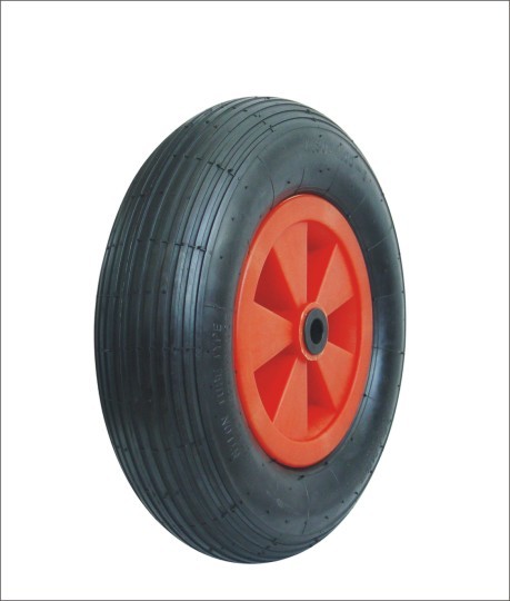 Low rolling resistance multi-blade orange hub pneumatic wheel.