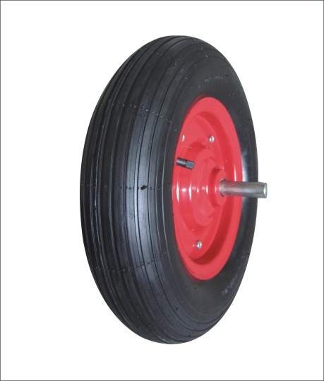 Inflatable wheels with smooth treads and integrated axles.