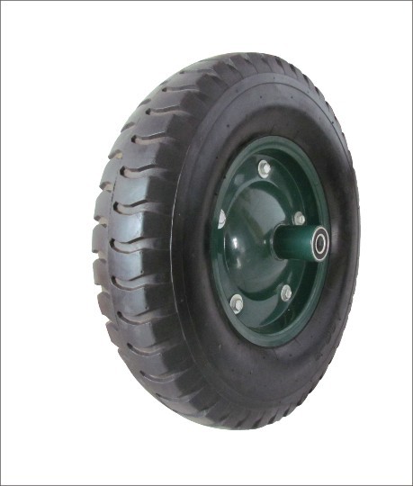 (16ʺ×4.00-8)Black and green colored block patterned PU heavy duty wear resistant wheels.