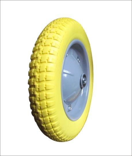 (13ʺ×3.00-8)PU wheels with block patterns in yellow and gray color scheme, wear resistant industrial wheels in warning colors.