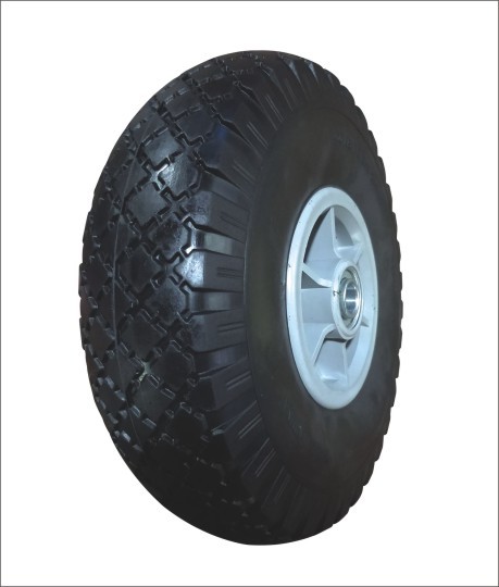 (10ʺ×3.00-4)Black PU silent and wear resistant wheels with block patterns.