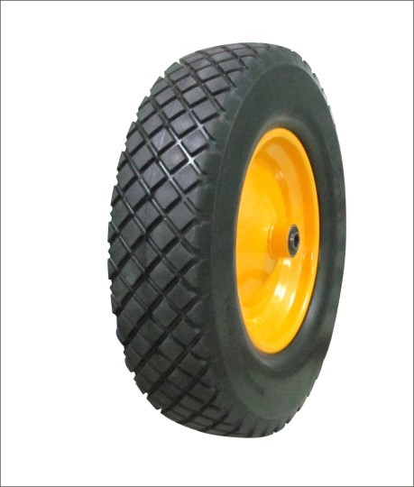 (16ʺ×4.00-8)Black yellow color matched block patterned PU heavy duty industrial handling wheels.