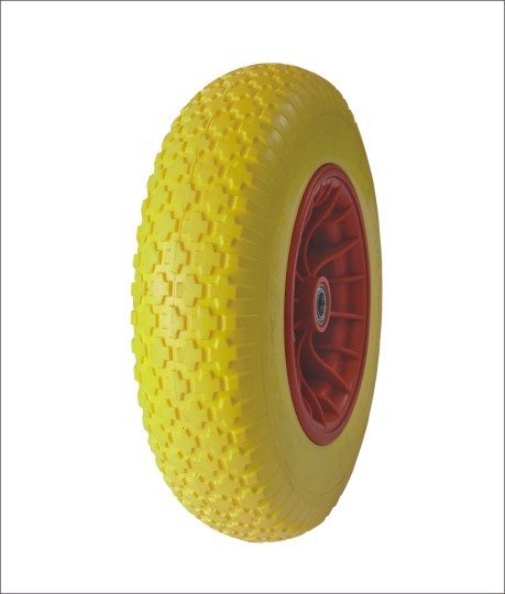 (16ʺ×4.00-8)PU wheels with block shaped patterns in yellow and red color combination, featuring wear resistance and shock absorption.