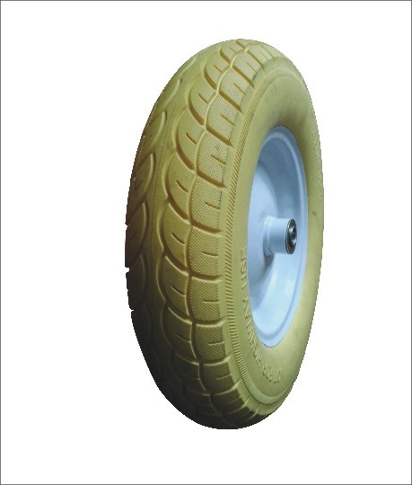 (16ʺ×4.00-8)PU shock absorbing and anti slip wheels with patterns in yellow and white color combination.