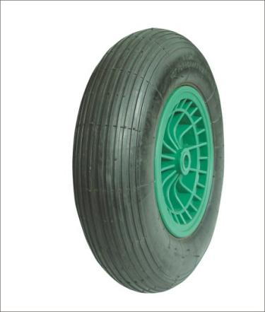 (4.00-8)Longitudinal stripe tread plastic green rim pneumatic wheel.