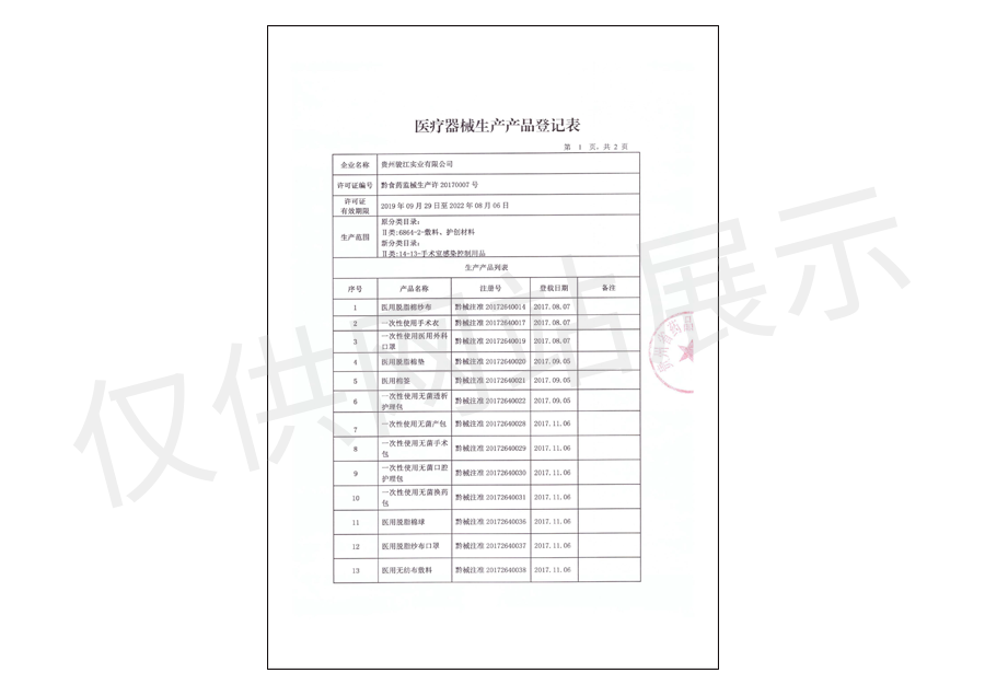 医疗器械生产产品登记表