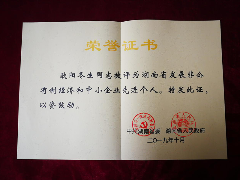 2019年 歐陽(yáng)冬生榮獲第六屆湖南省發(fā)展非公有制經(jīng)濟(jì)和中小企業(yè)先進(jìn)單位和先進(jìn)個(gè)人