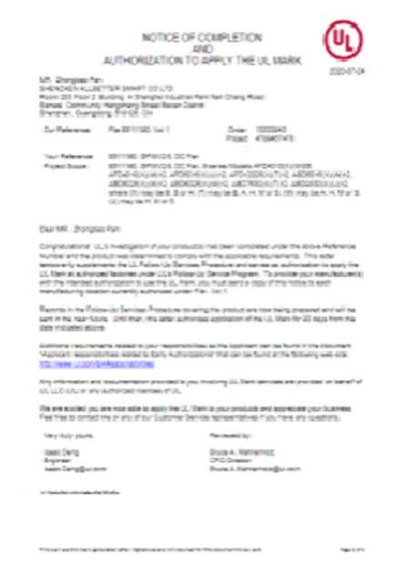 UL CERTIFICATE UL CERTIFICATE