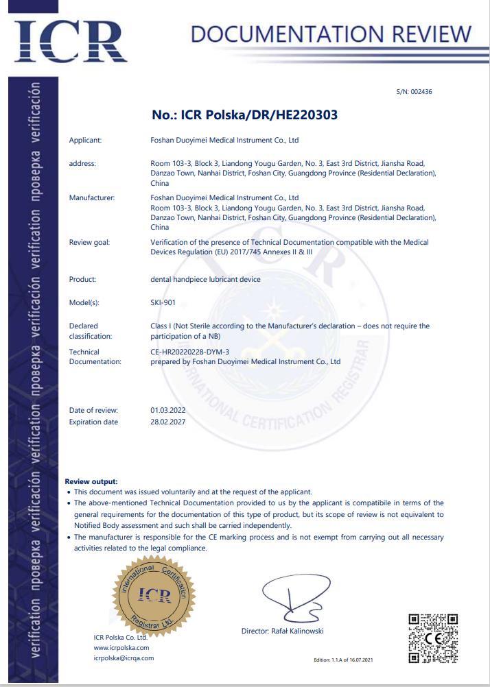 CE Certificate(Dental Handpiece Lubricant Device) CE Certificate(Dental Handpiece Lubricant Device)