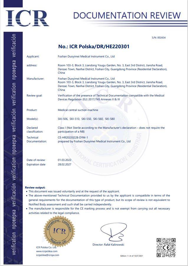 CE Certificate (Medical Central Suction Machine) CE Certificate (Medical Central Suction Machine)