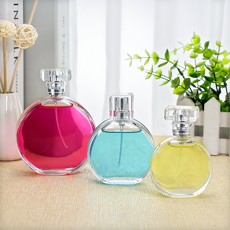 100ml crimp neck 15mm flat round shape perfume glass bottle 10763