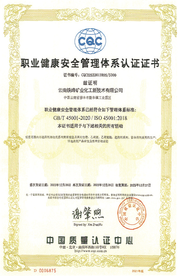 职业健康安全管理体系认证证书