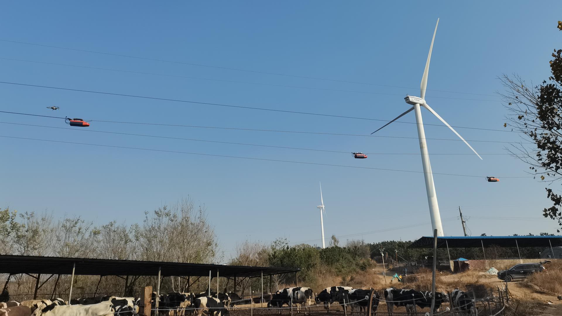 Aerial photography of 35kV collector line overhead bare conductor insulation renovation project