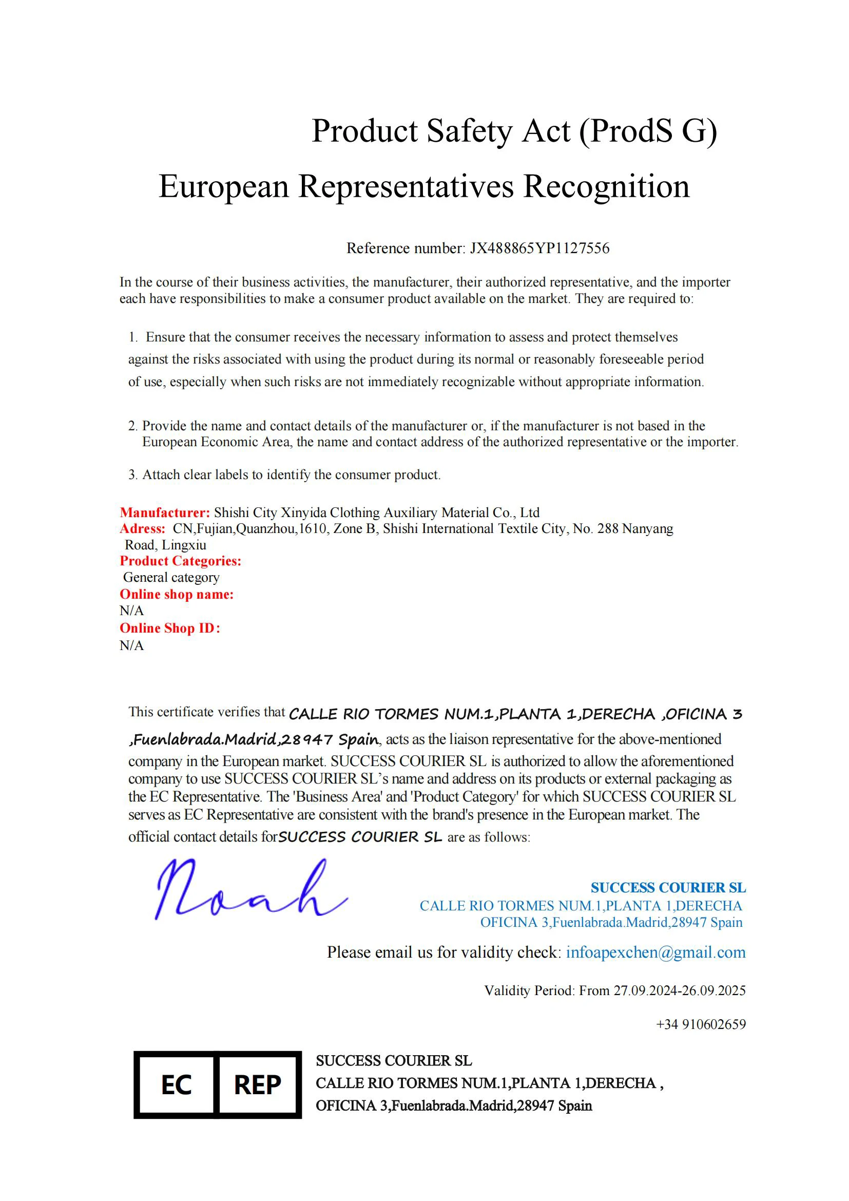 Product Safety Act (ProdS G) European Representatives Recognition (English version) Product Safety Act (ProdS G) European Representatives Recognition (English version)