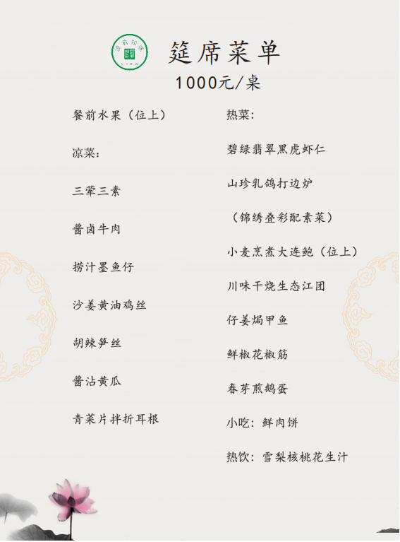 筵席菜單1000元/桌