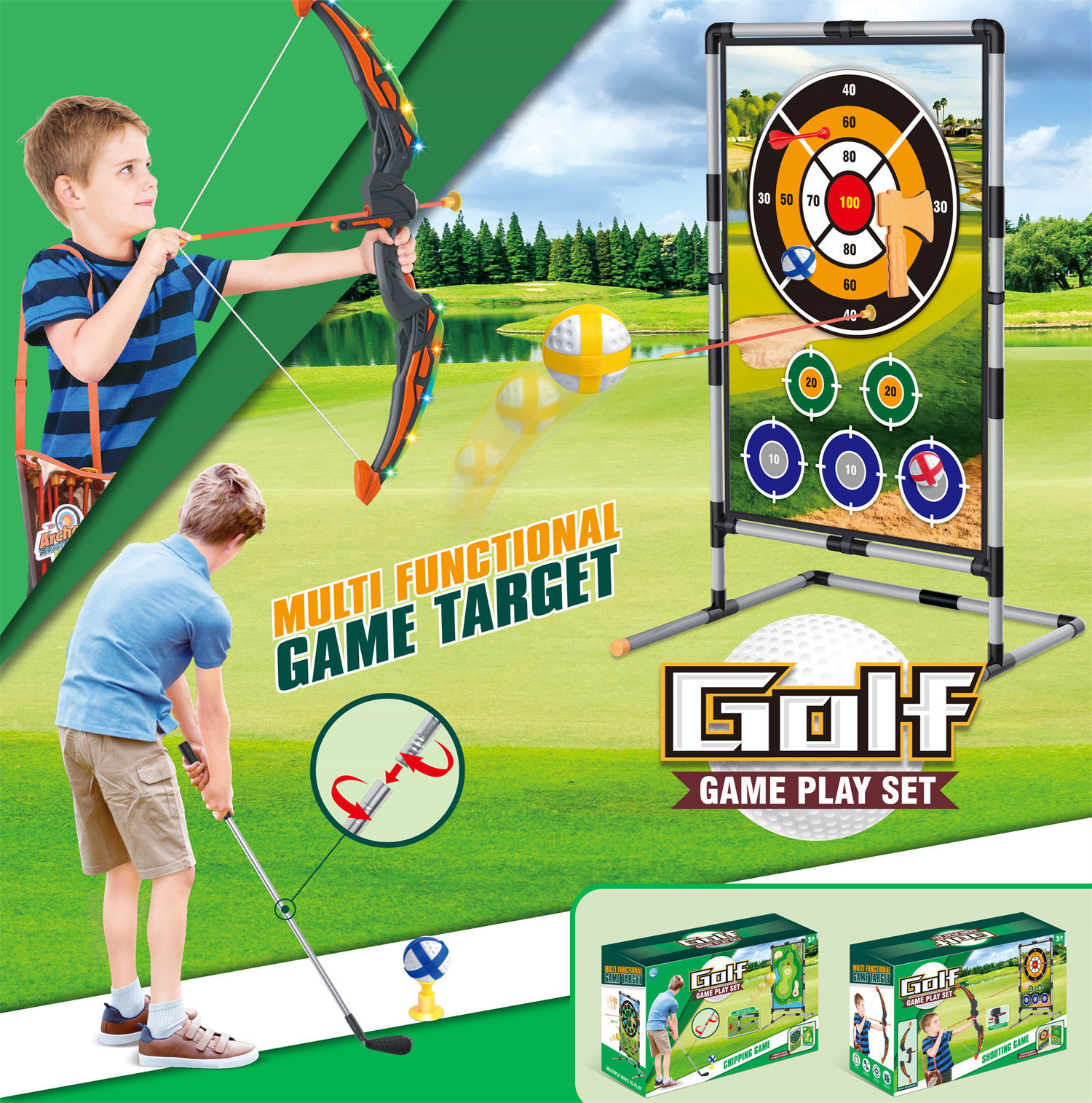 7888-35B Ensemble de golf à double face avec arc et flèche (avec support)