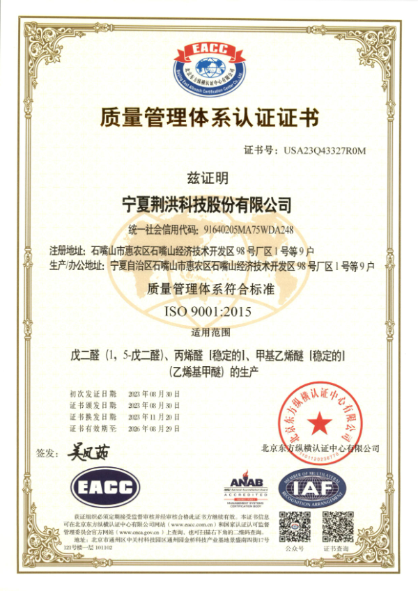 寧夏荊洪 ISO 9001證書