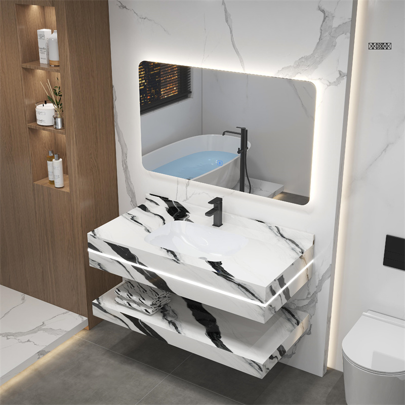 Factory Wholesale Luxury Hotel Wall Mount Floating Cabinet Bathroom Vanity Rock Slate Basin
