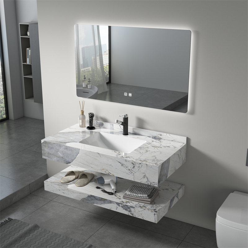 Conjunto de lavabo de baño minimalista al por mayor con gabinete combinado, tablero de roca brillante, lavabo doble de baño, lavabo de tablero de roca pizarra.