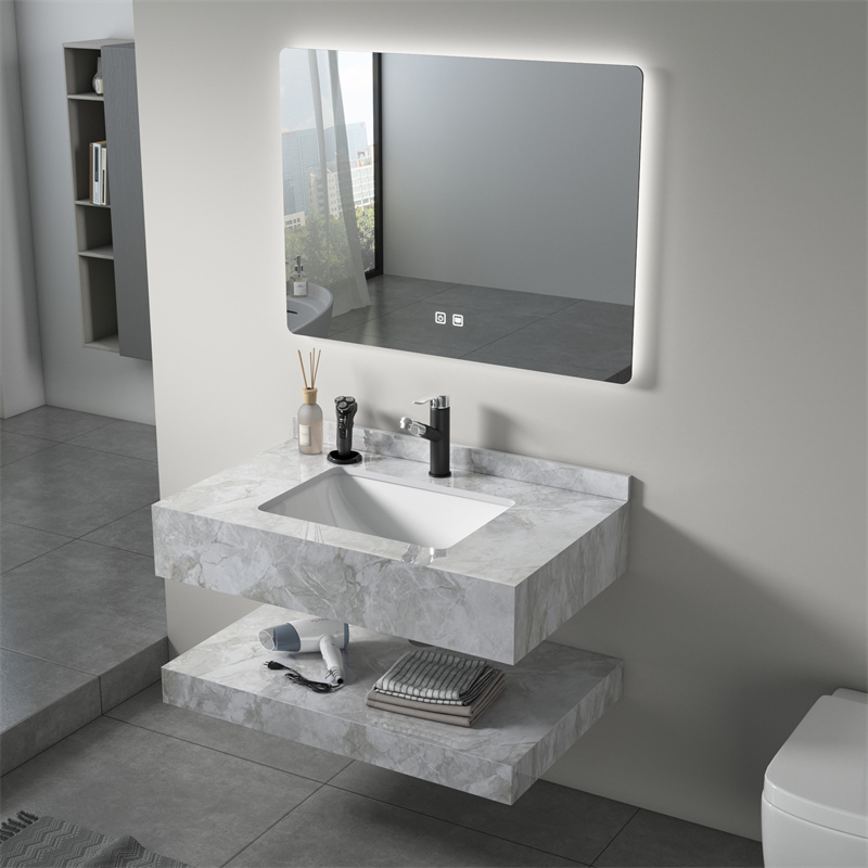 Precio directo de fábrica mueble de baño colgado en la pared con doble lavabo y lavabo de roca pizarra