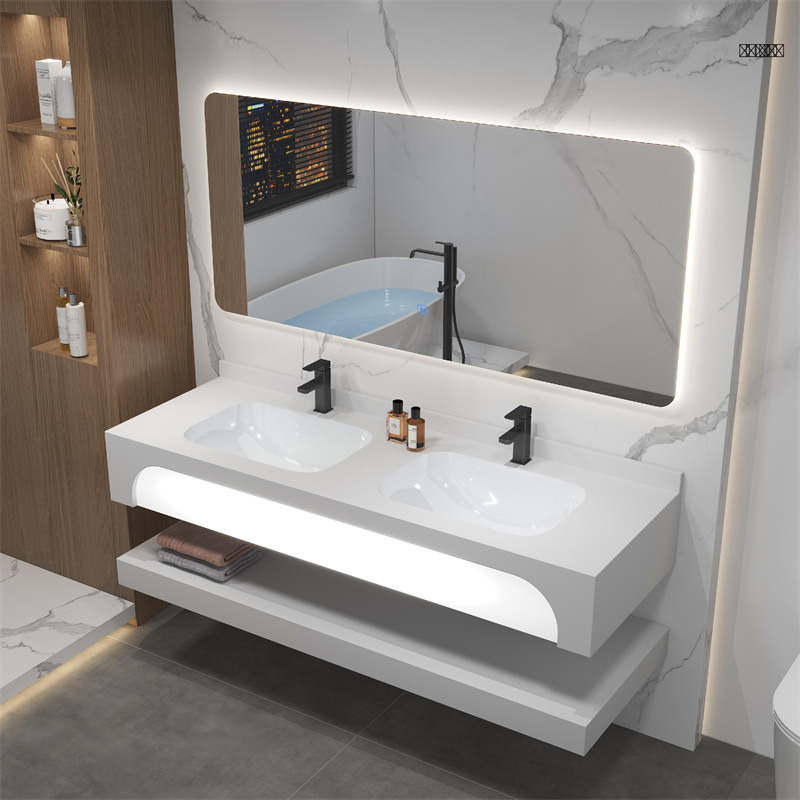 Modern Luxury Rectangular Stone Wall Mounted Sink Elegant Wall-Sitting Design Mirror Cabinet Drainer Counter Hand Wash Bathroom