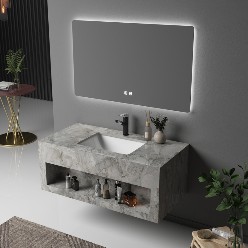 Espejo LED de baño de estilo europeo personalizado de fábrica, lavabo de piedra artificial de pizarra moderna para lavarse las manos.