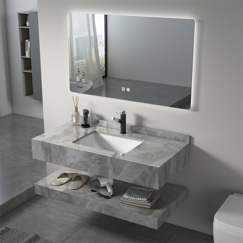 Conjunto de gabinete de baño doble integrado de lujo moderno de venta caliente, unidad grande con lavabo de panel de roca de pizarra.