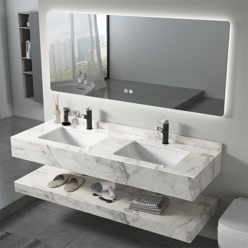 Ventas de bajo precio de lavabo de slab integrado de doble fregadero montado en la pared de lujo personalizado