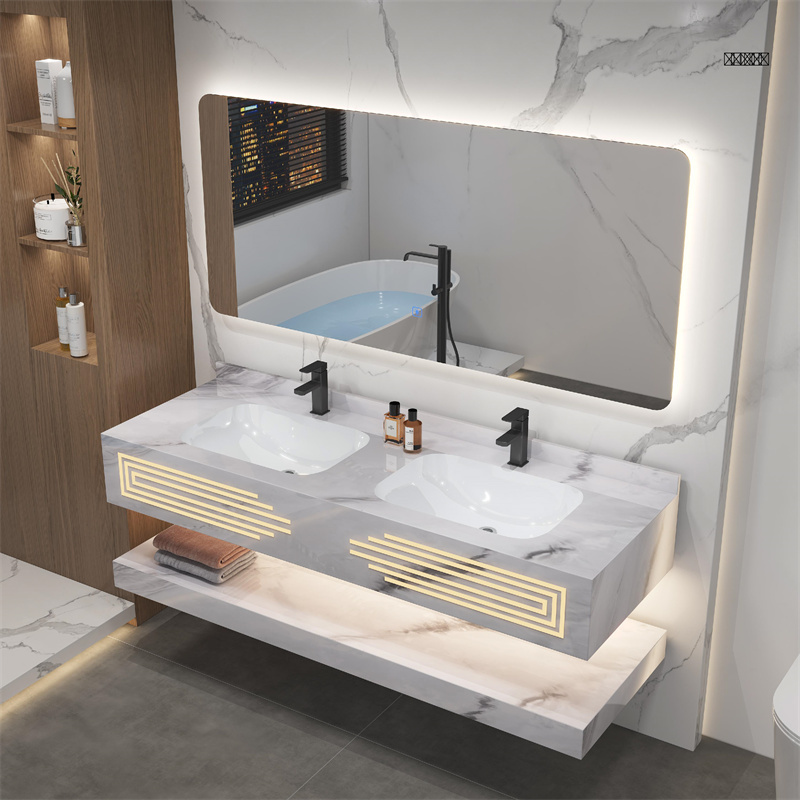 Hot Sale Custom Modern Design Sintered Stone Cabinet Basin Wall Mounted Bathroom Vanity For Hotels With Wash Basin