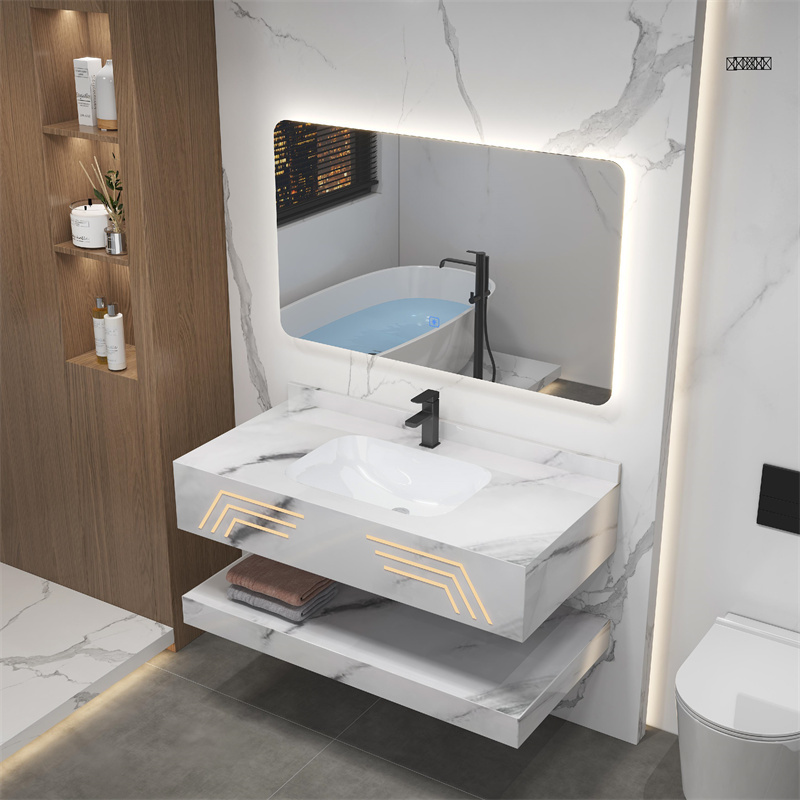 Modern Double Layer Marble Wall Mounted Wooden Including Mirror Ceramic Wash Basin Cabinet Rock Slate Small Bathroom Vanity
