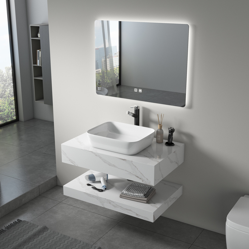 Directo del fabricante moderno lavabo rectangular de piedra de mármol de 60 cm con doble fregadero y drenaje para baño