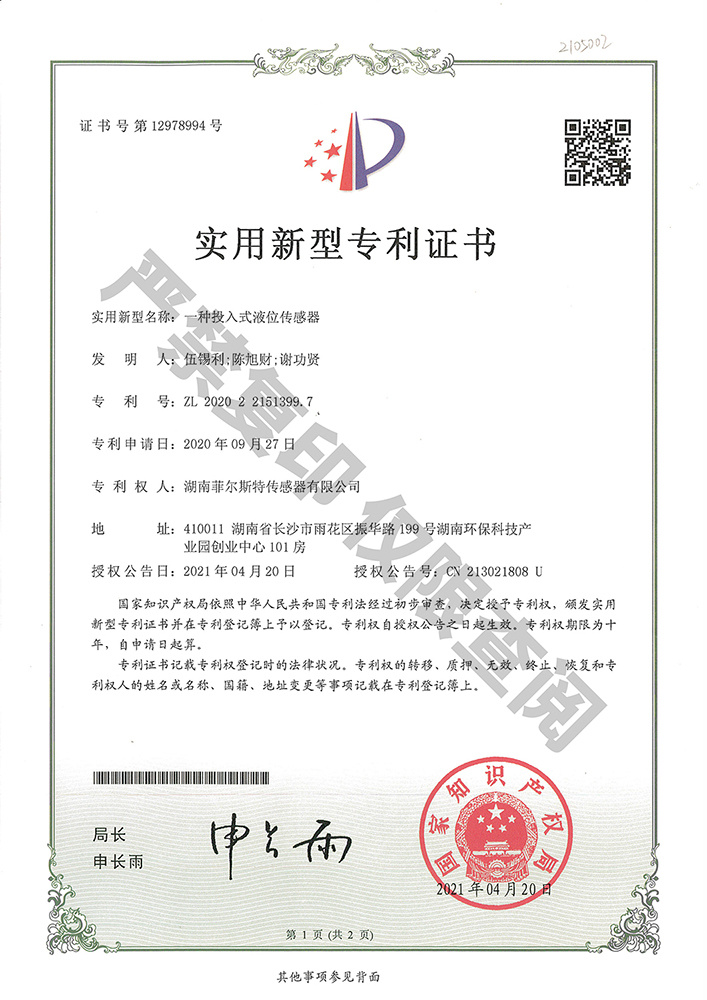一种投入式液位传感器(证书号12978994) 一种投入式液位传感器(证书号12978994)