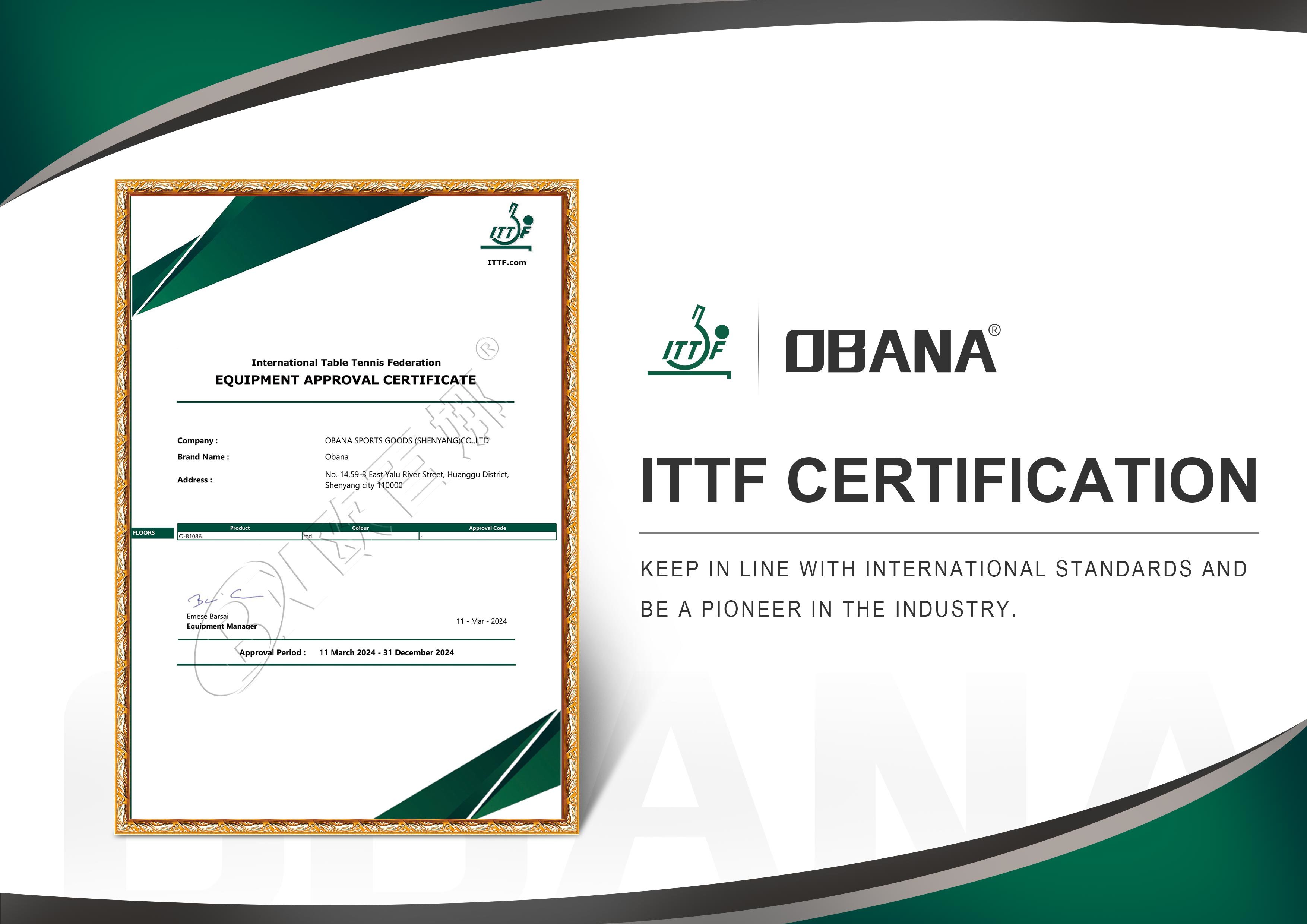 OBANA Successfully Obtained ITTF Certification