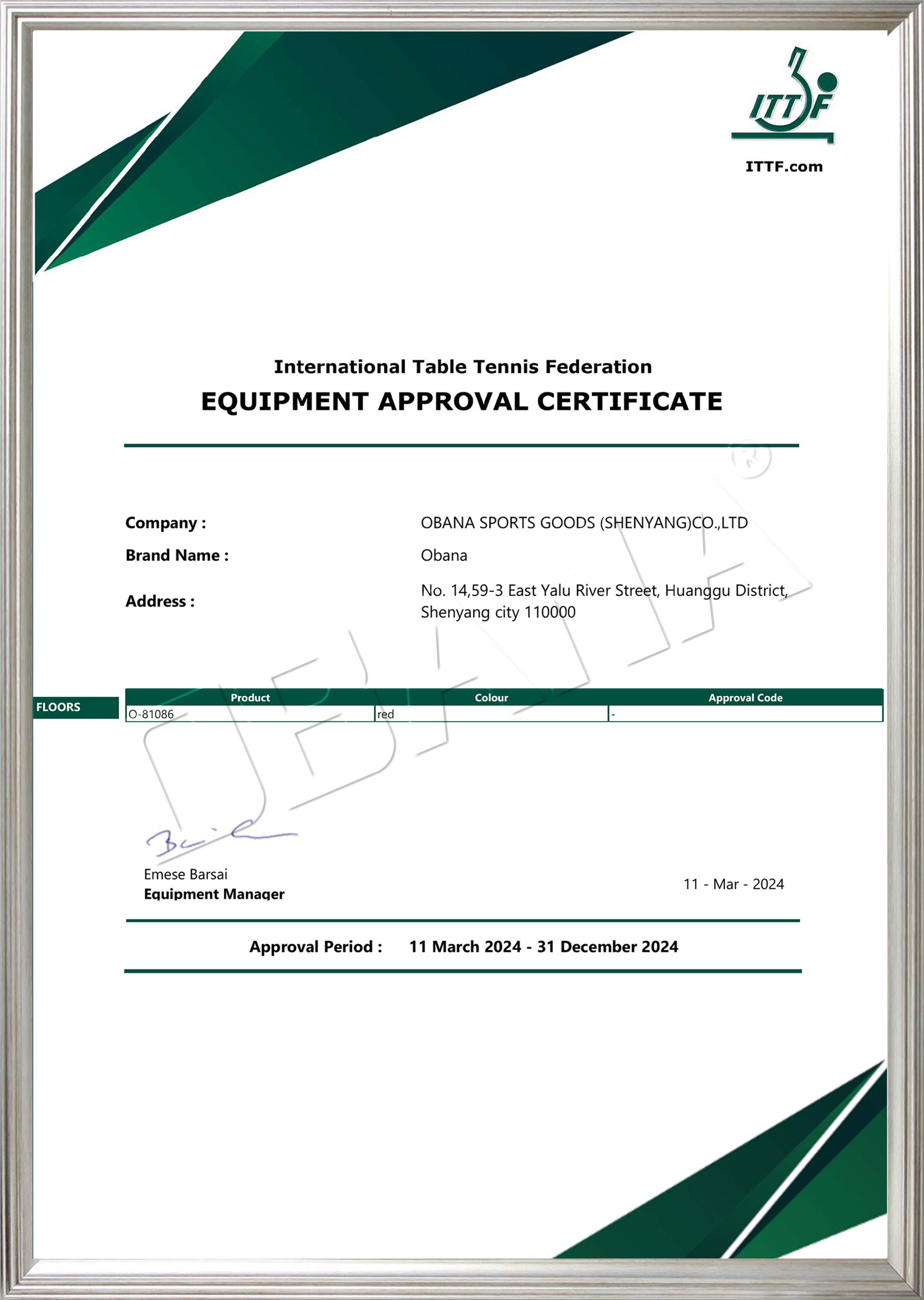 ITTF Certification