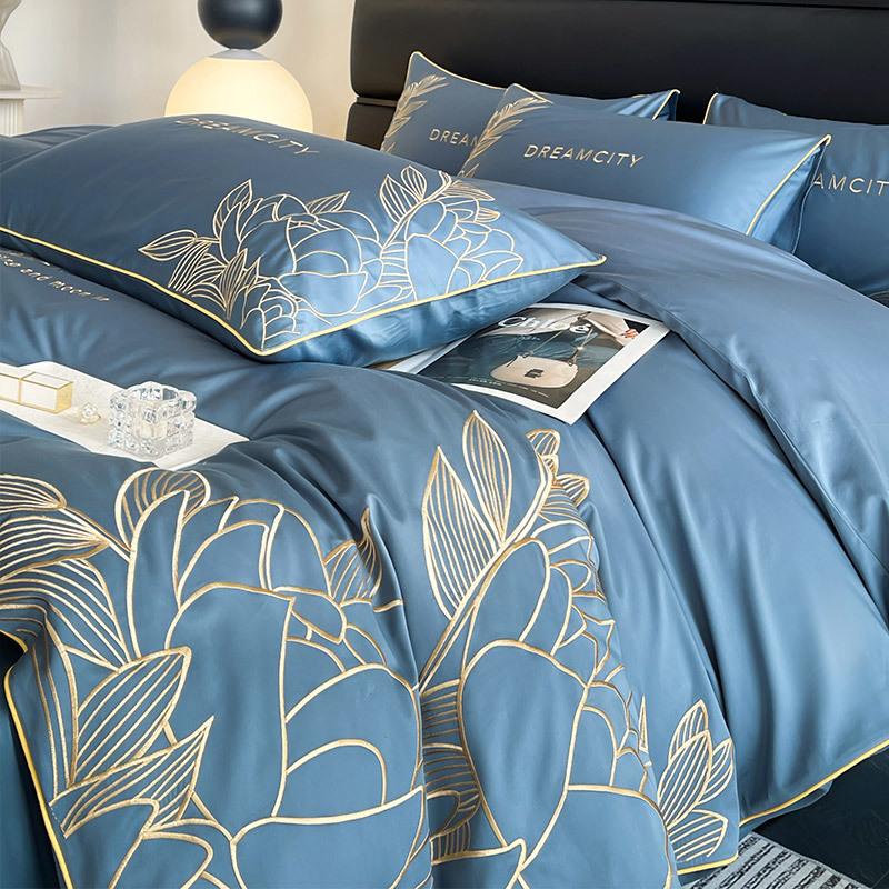 100 Thread Count Long-Staple Cotton 4-Piece Set  Full Cotton, Gold Thread Embroidery Hotel Style, Solid Color, Minimalist Design Fitted Sheet Made with Australian Cotton, Tencel Lyocell Luxurious Cotton Bedding