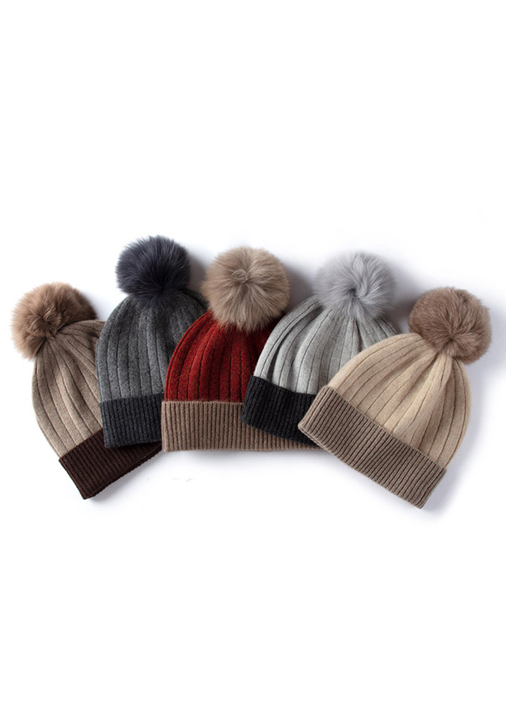 RIB KNITTED CONTRAST COLOR TURN-UP BEANIE WITH POMPOM