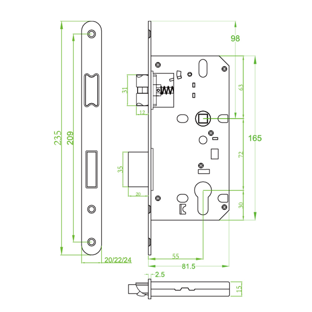 K5572 European Standard Silent Lock Body/Rounded Corner