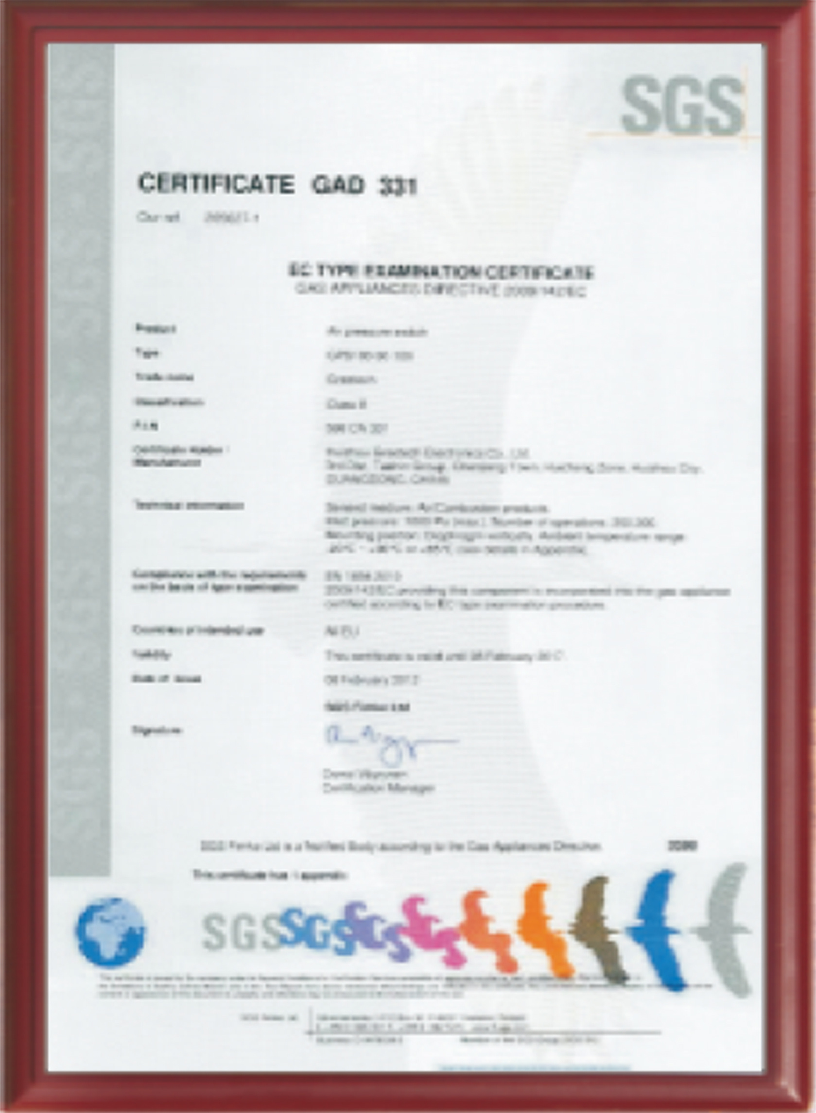Certificado de interruptor de presión de viento