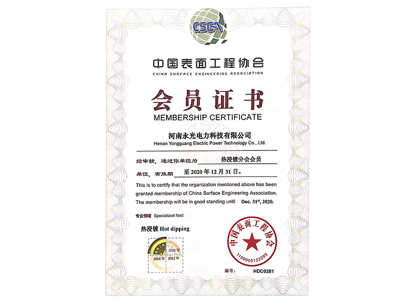 表面协会热浸镀分会会员证书