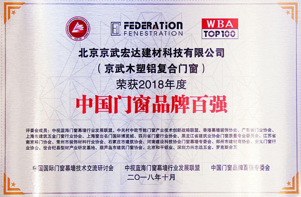中國門窗品牌百強證書