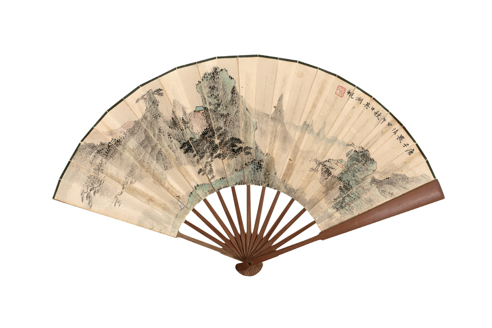 吳湖帆 1894～1968  青綠山水  設(shè)色紙本成扇  1954年作