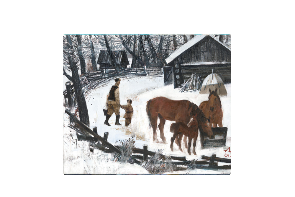 亞曆山大.貝斯侍洛夫《下雪了》布面油畫  油畫框