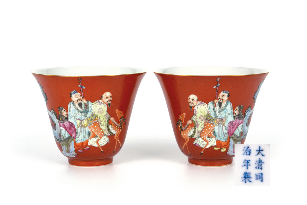 清 “大清同治年制”款 粉彩三星人物杯一對(duì)