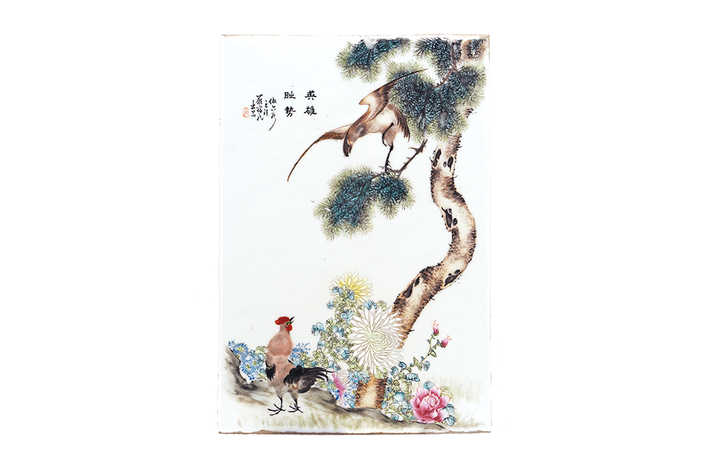 晚清 羅宿氏粉彩鷹雞瓷板畫