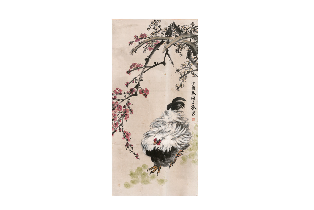 陳子奮 1898～1976   設(shè)色紙本花鳥立軸  1957年作