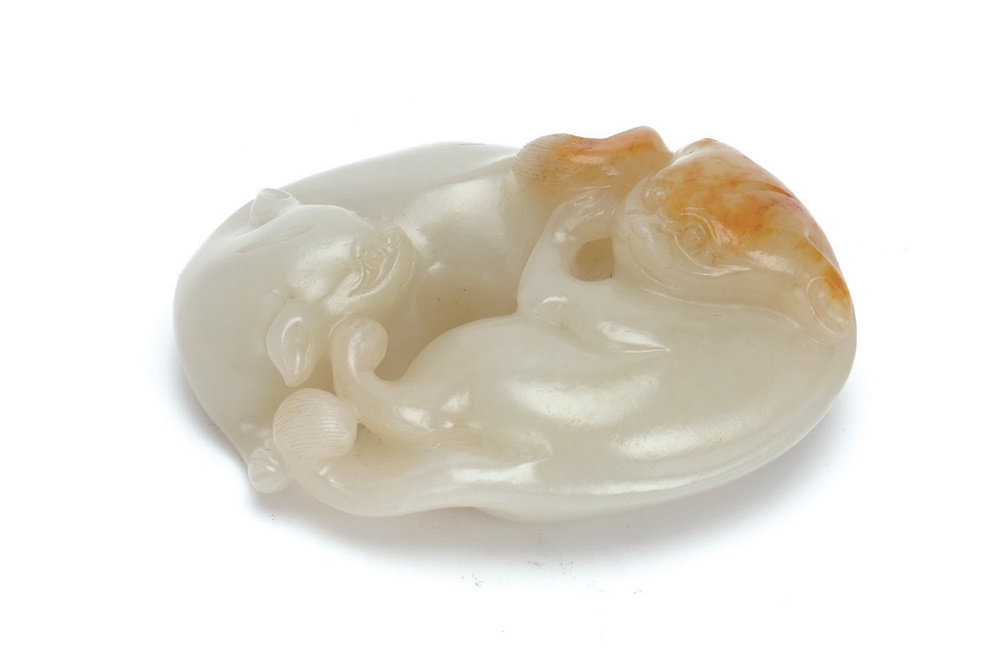 清  玉雙獾手把件