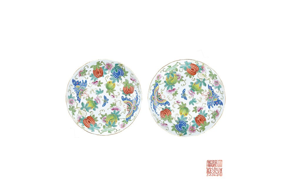 清道光 粉彩瓜瓞綿綿盤一對(duì)