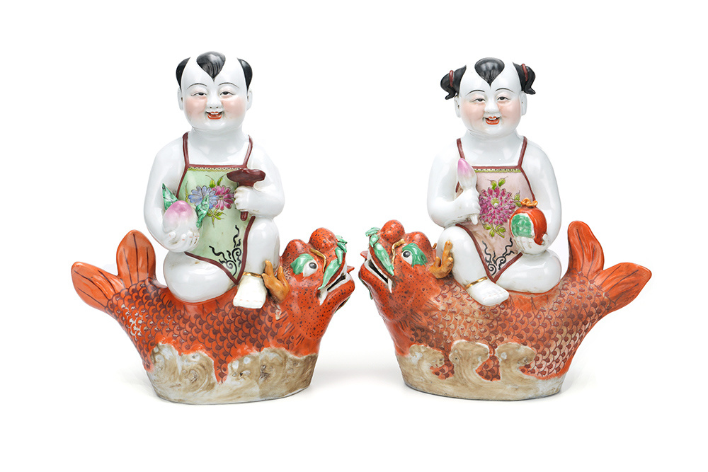 民國(guó) 魚化龍善財(cái)童子雕塑一對(duì)